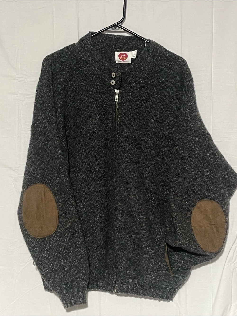 Vintage Wool Men’s L Dark Gray Full Zip Sweater Brown Elbow Patches Made in USA